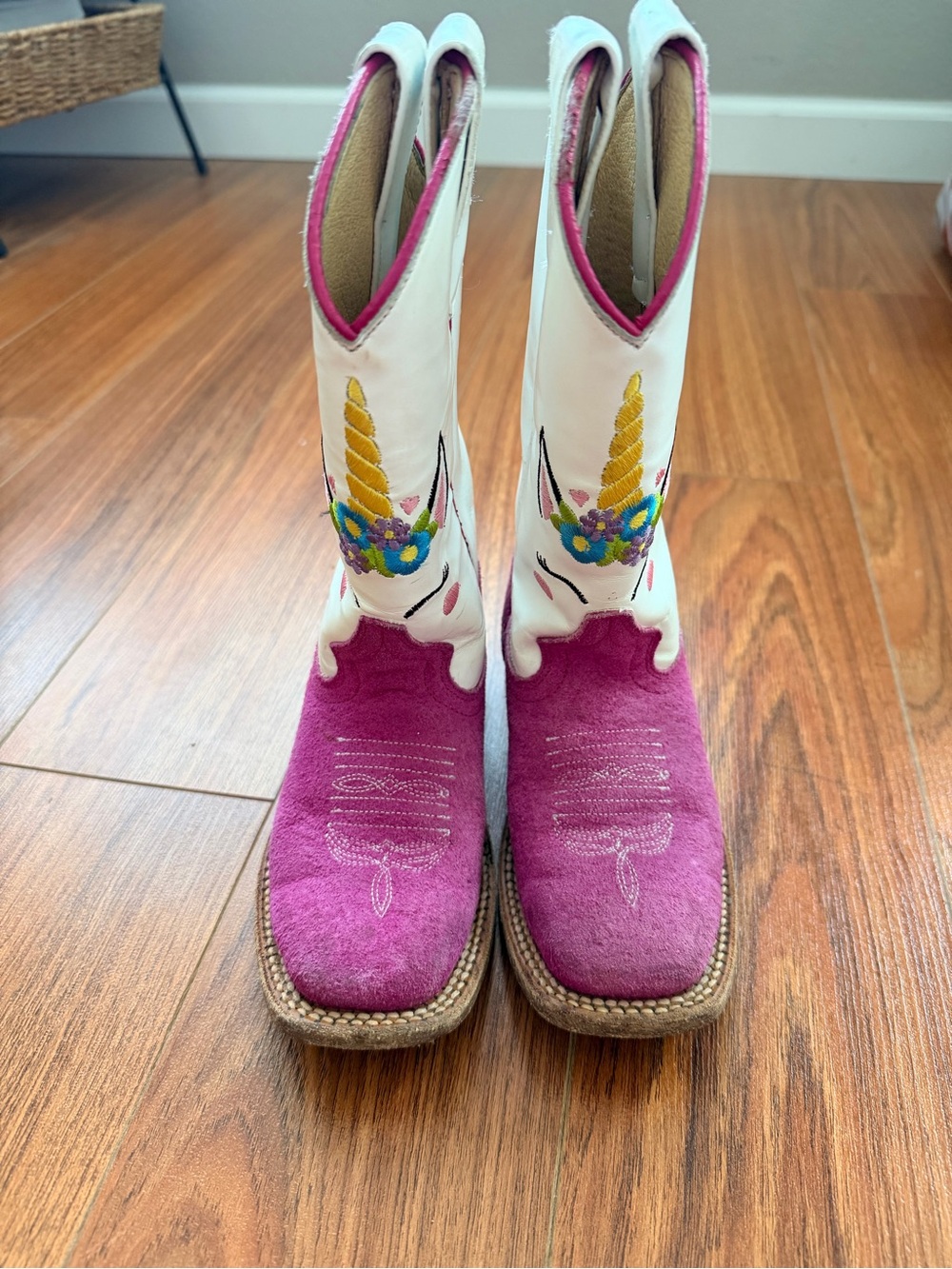 Girls White & Pink Unicorn Embroidered Kids Western Boots